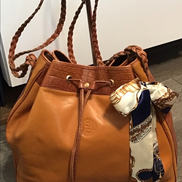 Auth Fendi Leather Croc Drawstring Hobo Bag XL - Picture 3 of 16